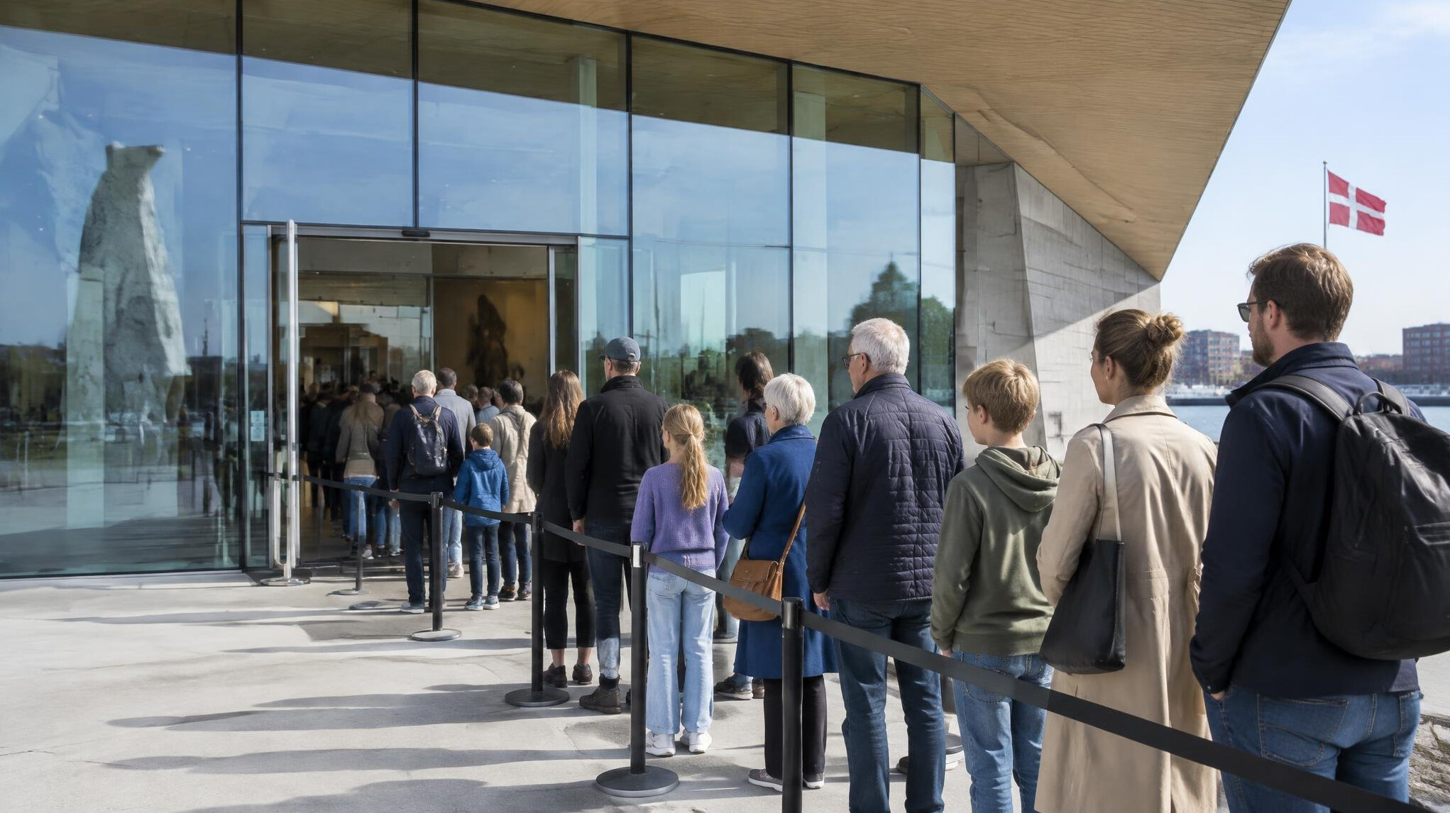 Visitors queuing outside a new museum entrance