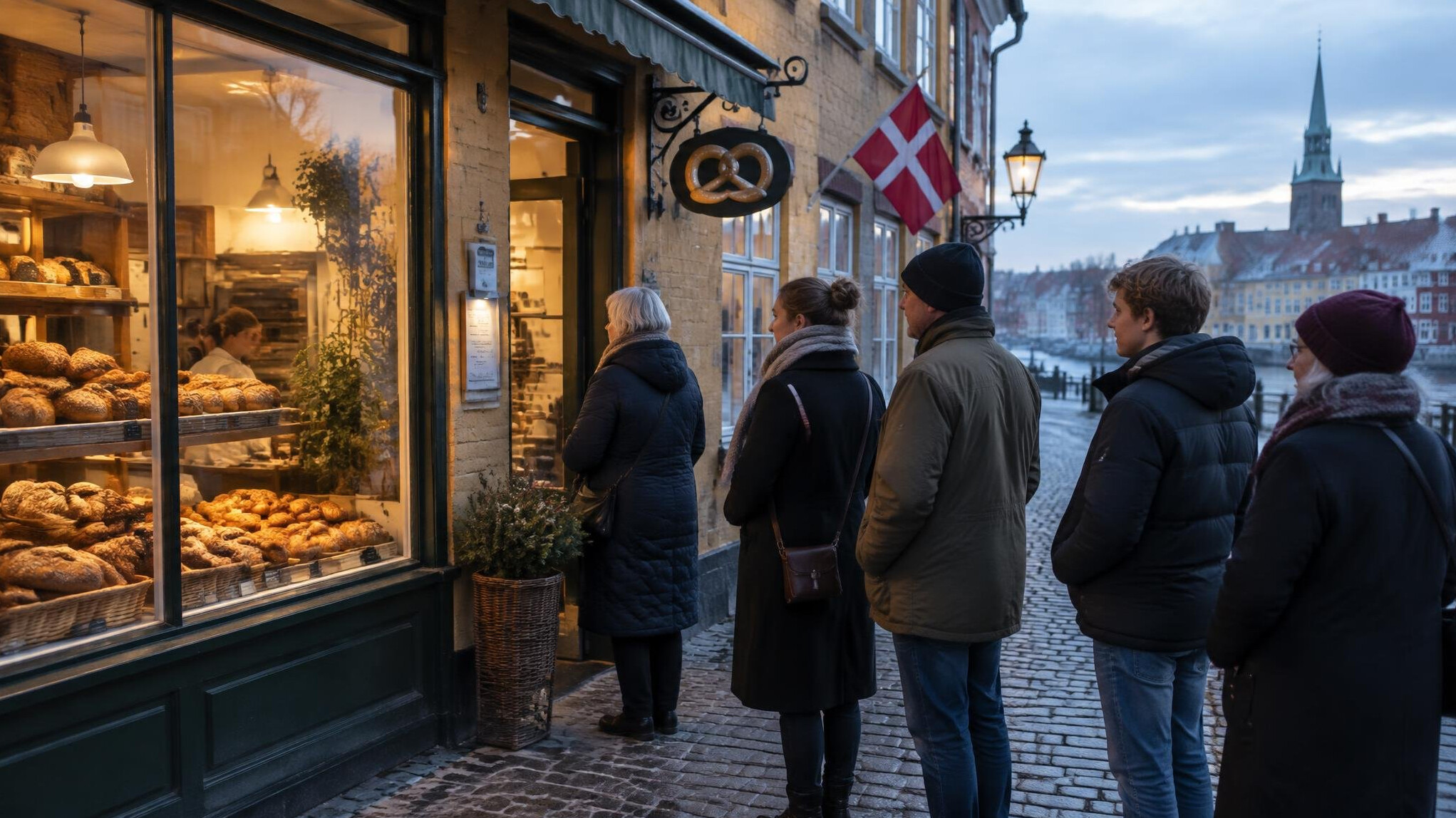 Early morning queue outside a Danish bakery