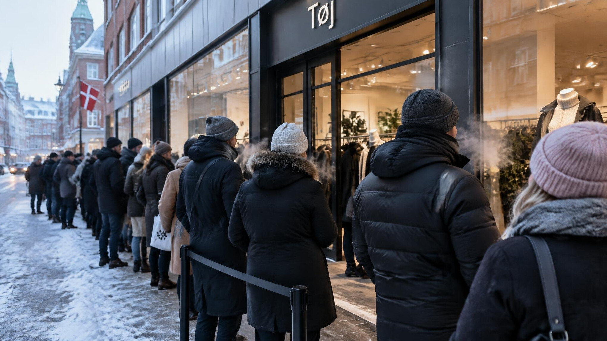 Shoppers queuing outside a store during a winter sale