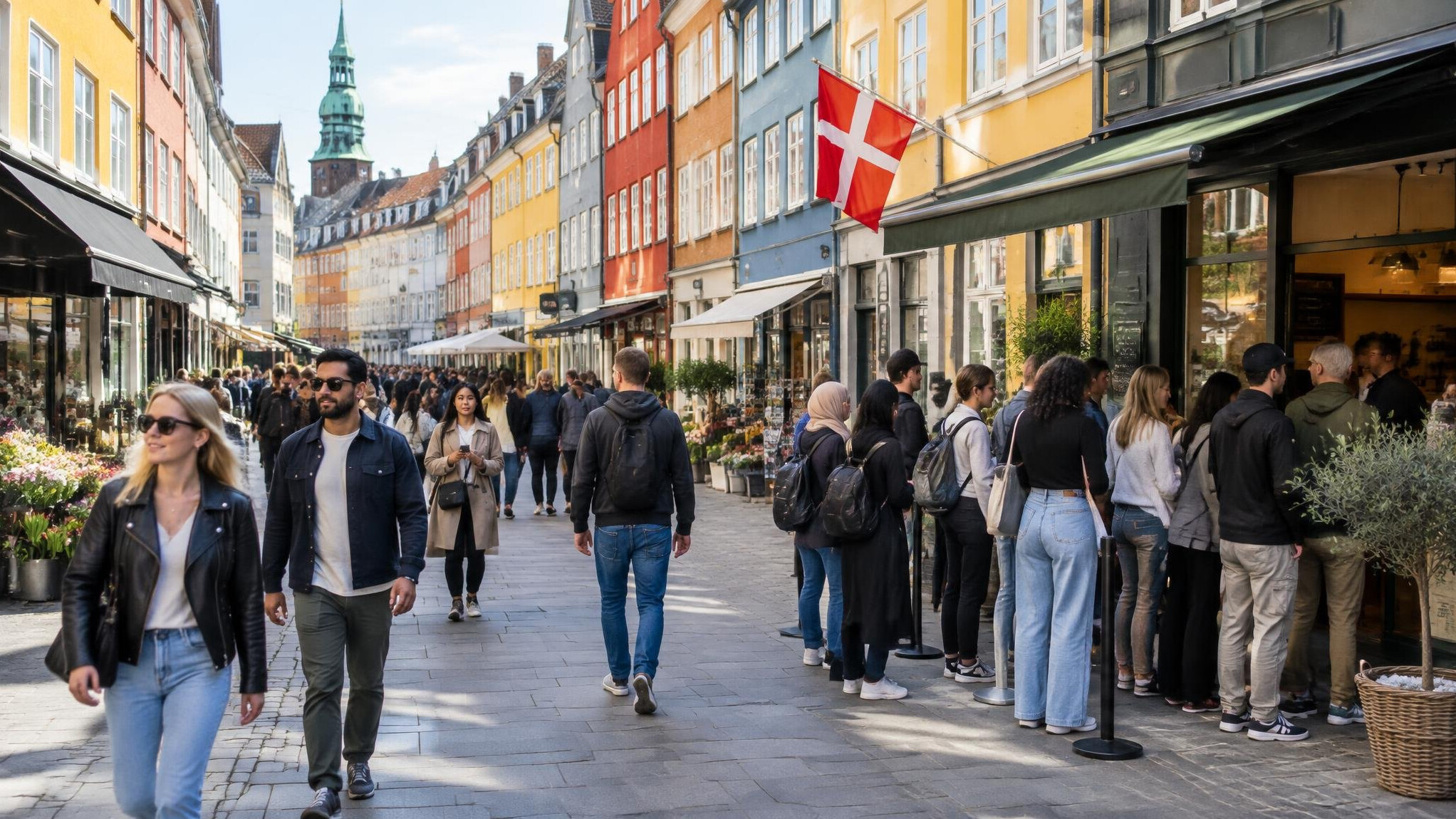 Busy pedestrian street with people walking and queuing in Denmark