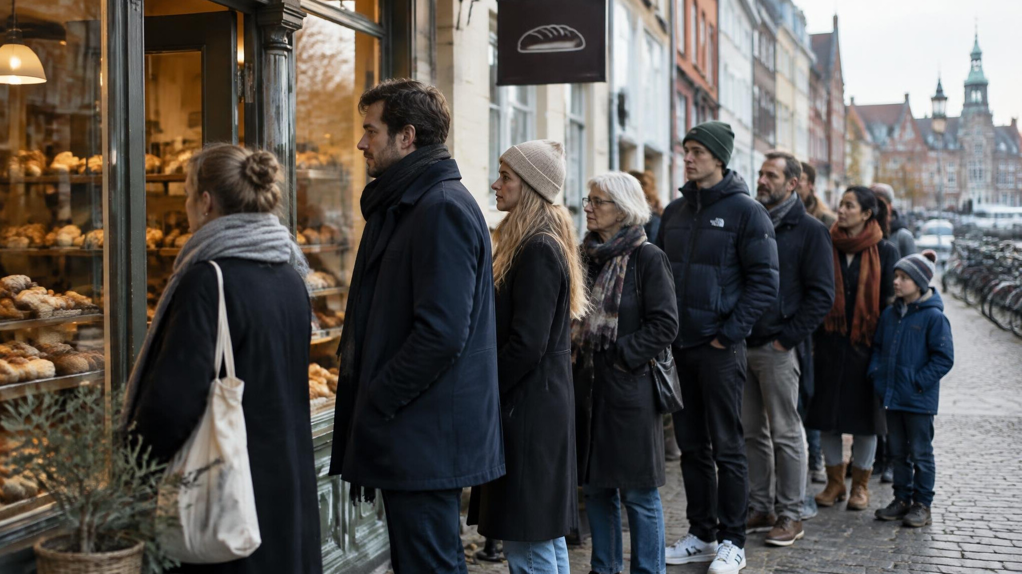 People waiting in a queue outside a bakery in Copenhagen