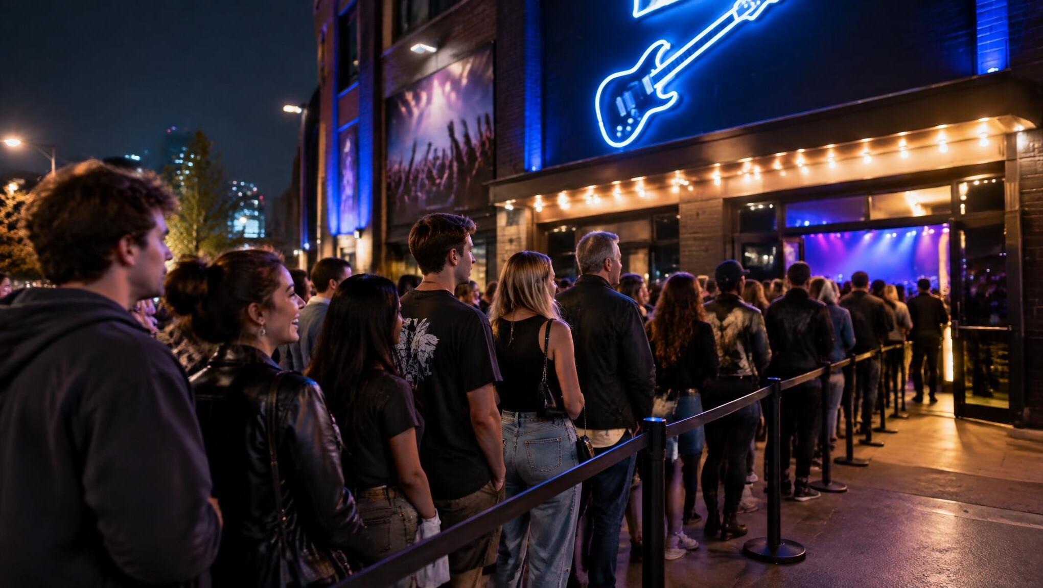 People queuing outside a concert venue at night