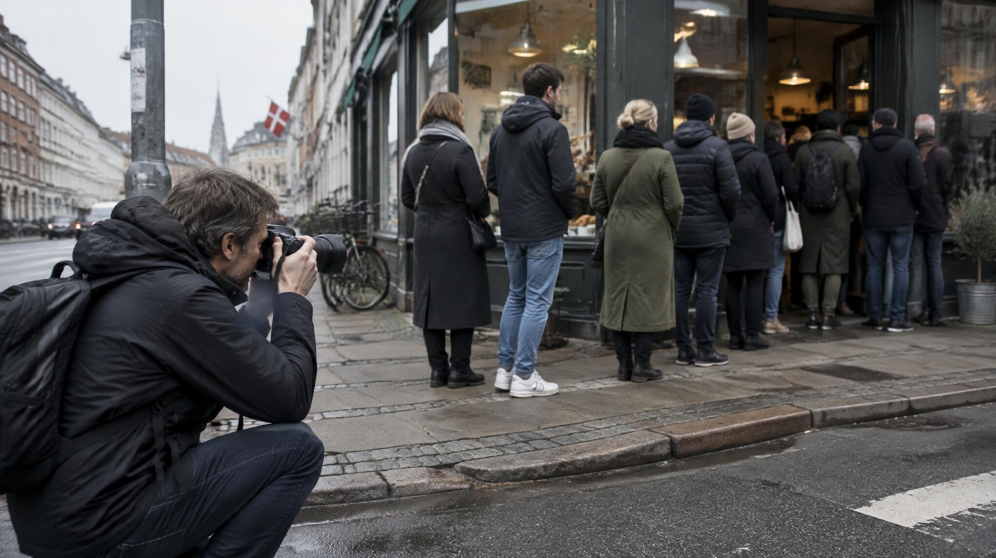 Photographer taking a picture of people in a queue