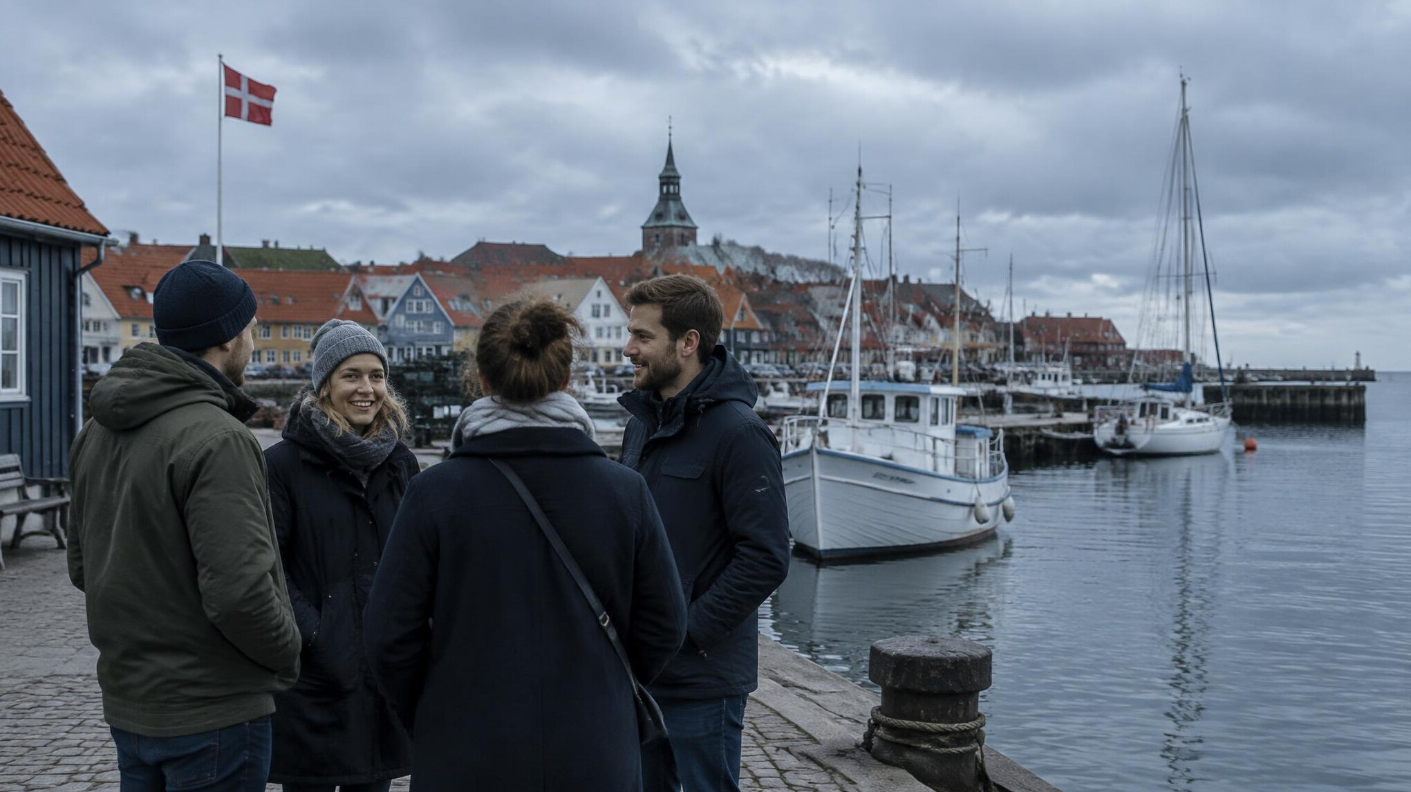 People waiting by a harbor in Denmark