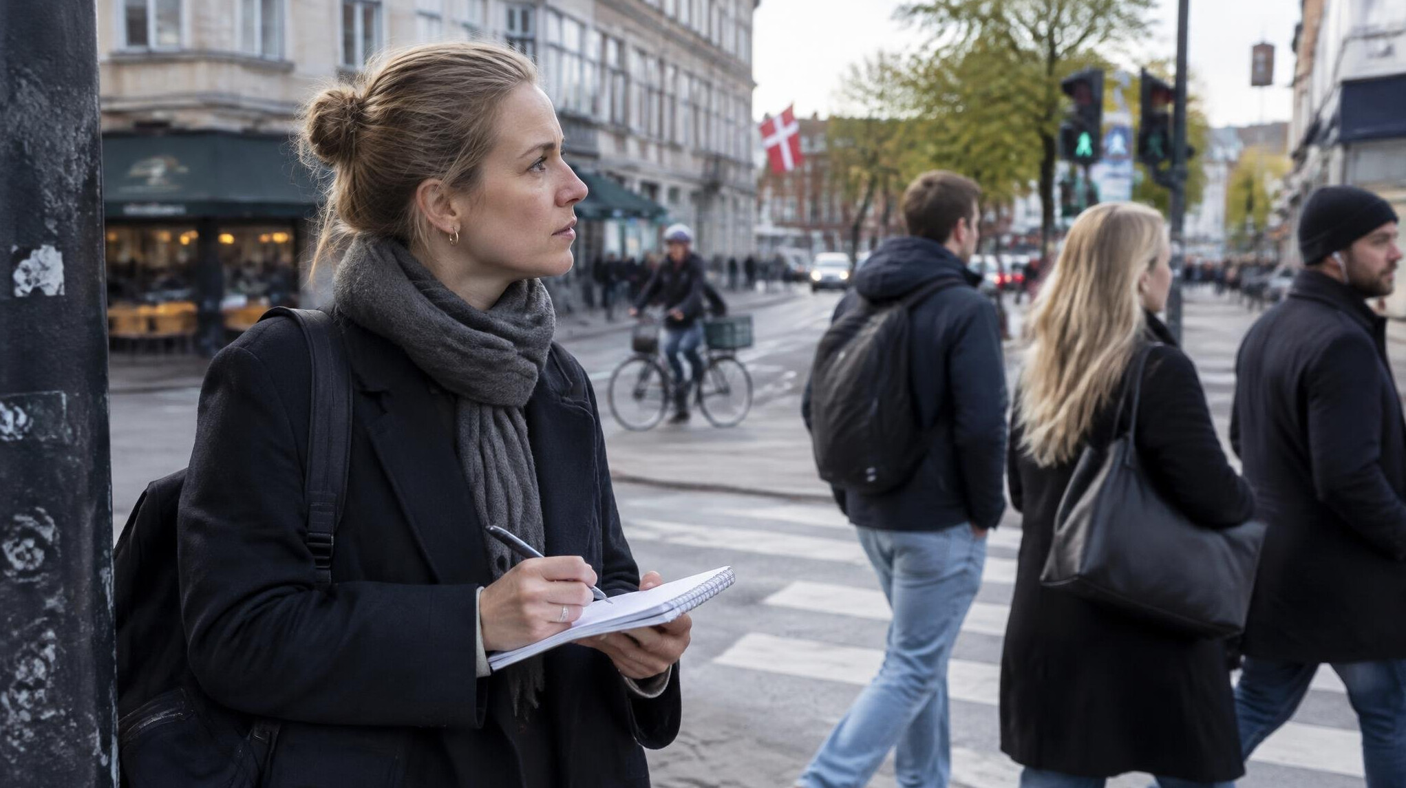 Journalist taking notes while observing a street scene