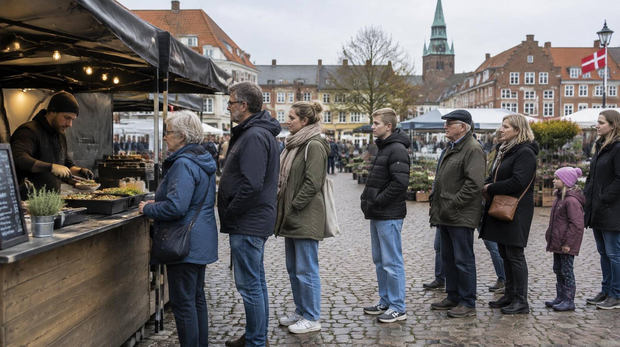 People queuing at an outdoor market stall in Denmark